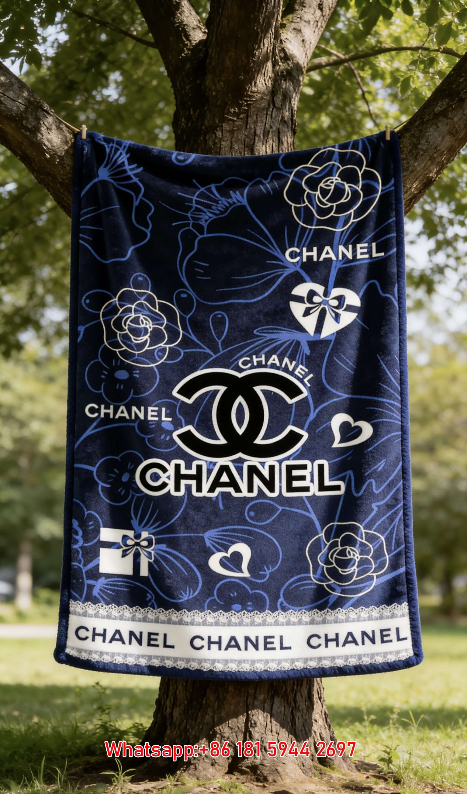 Chanel Navy Blue Floral Flannel Sofa Throw Blanket with Colorless IMG_6863